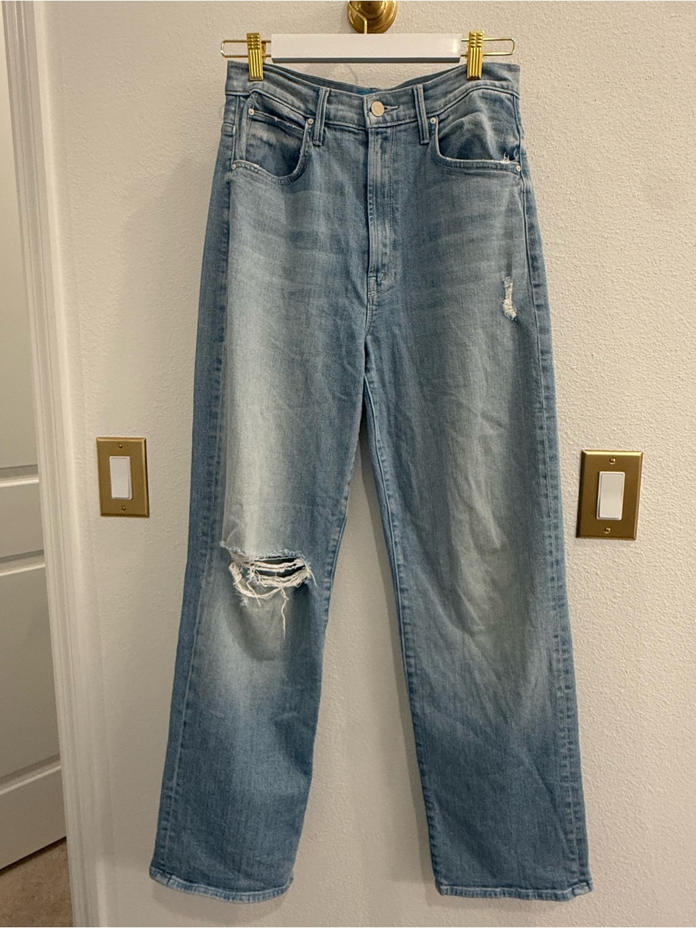 MOTHER Light Blue Distressed Straight-Leg Jeans
